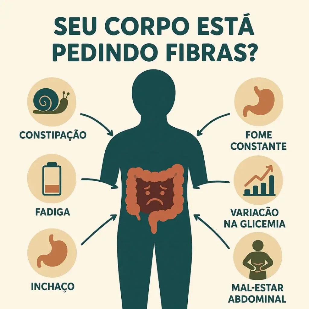 Infográfico mostrando os 7 principais sintomas da falta de fibras na dieta