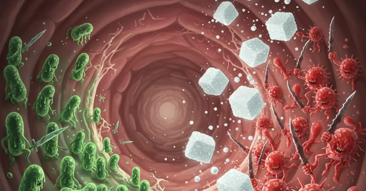 Ilustração mostrando como o açúcar afeta a microbiota intestinal, alimentando bactérias ruins e causando disbiose