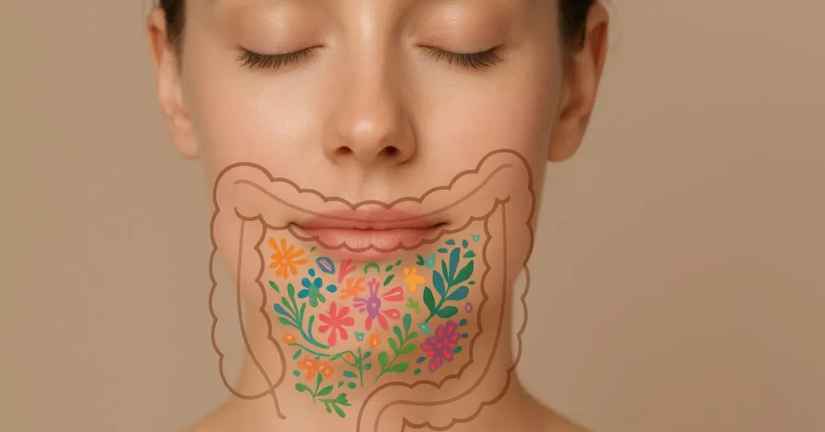 Ilustração da conexão intestino-pele, mostrando como a saúde intestinal reflete em uma pele radiante