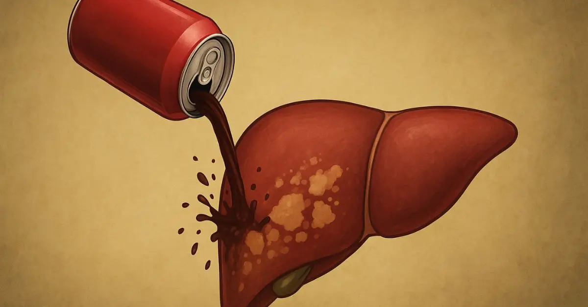 Ilustração mostrando a relação direta entre o consumo de refrigerante e o desenvolvimento de gordura no fígado (esteatose hepática)
