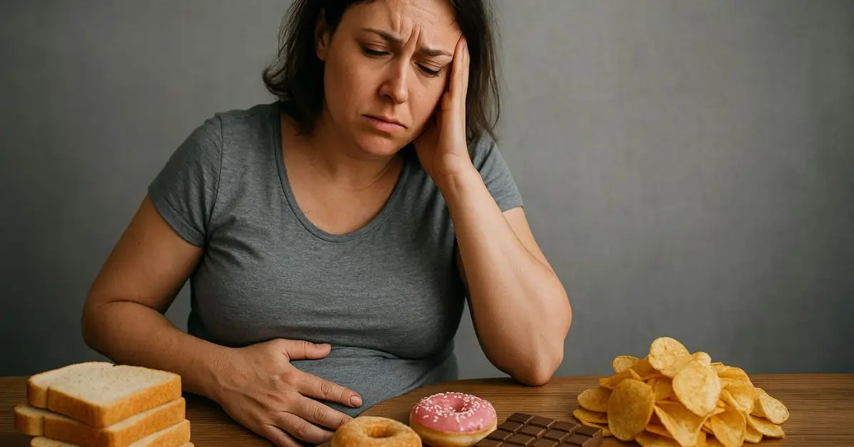 Pessoa sofrendo com os sintomas da falta de fibras devido a uma dieta pobre em alimentos integrais