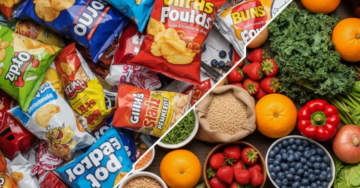 Comparativo visual mostrando por que os alimentos processados fazem mal em contraste com alimentos frescos e saudáveis