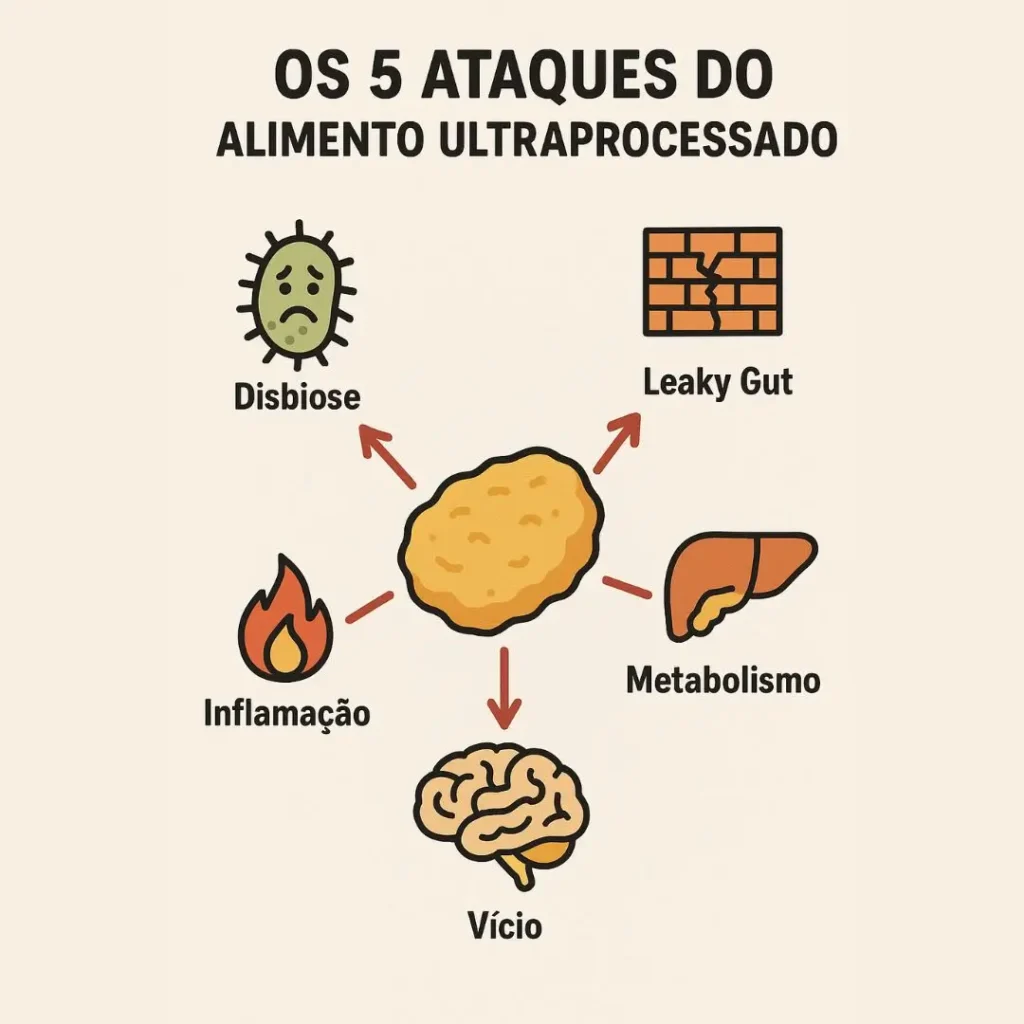 Infográfico explicando por que os alimentos processados fazem mal, detalhando os 5 principais mecanismos de dano ao corpo
