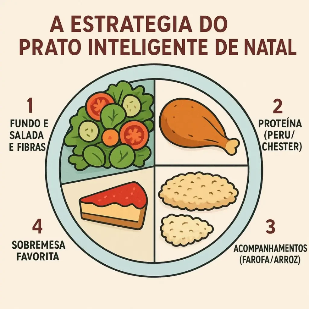 Infográfico mostrando a ordem correta de comer na ceia de natal para reduzir o impacto glicêmico e digestivo