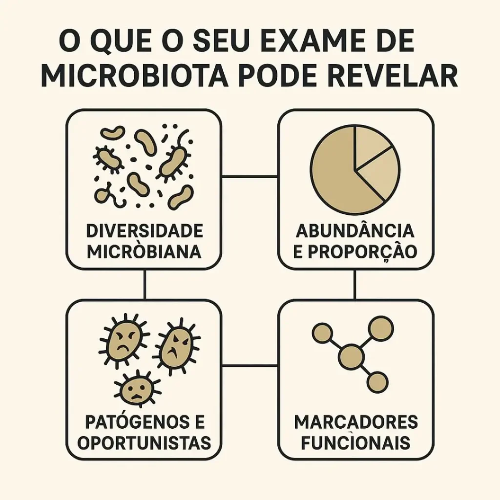Infográfico explicando os principais resultados e informações que um exame de microbiota intestinal pode oferecer