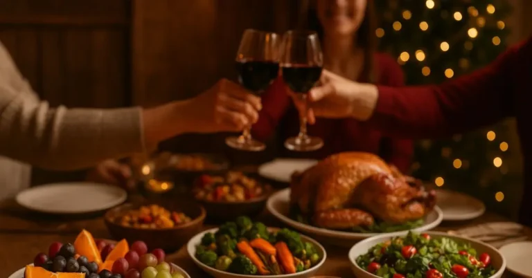 Mesa de ceia de fim de ano com opções saudáveis, ilustrando como cuidar do intestino nas festas