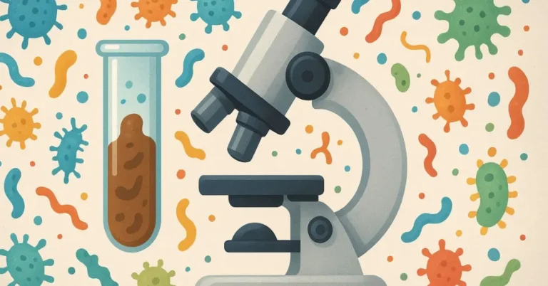Imagem conceitual de um exame de microbiota intestinal sendo analisado, mostrando a complexidade dos microrganismos