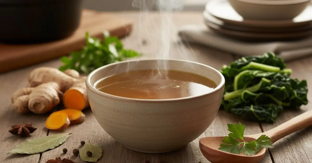 Tigela com alimentos para curar o intestino permeável, destacando o caldo de ossos como parte da dieta de reparo