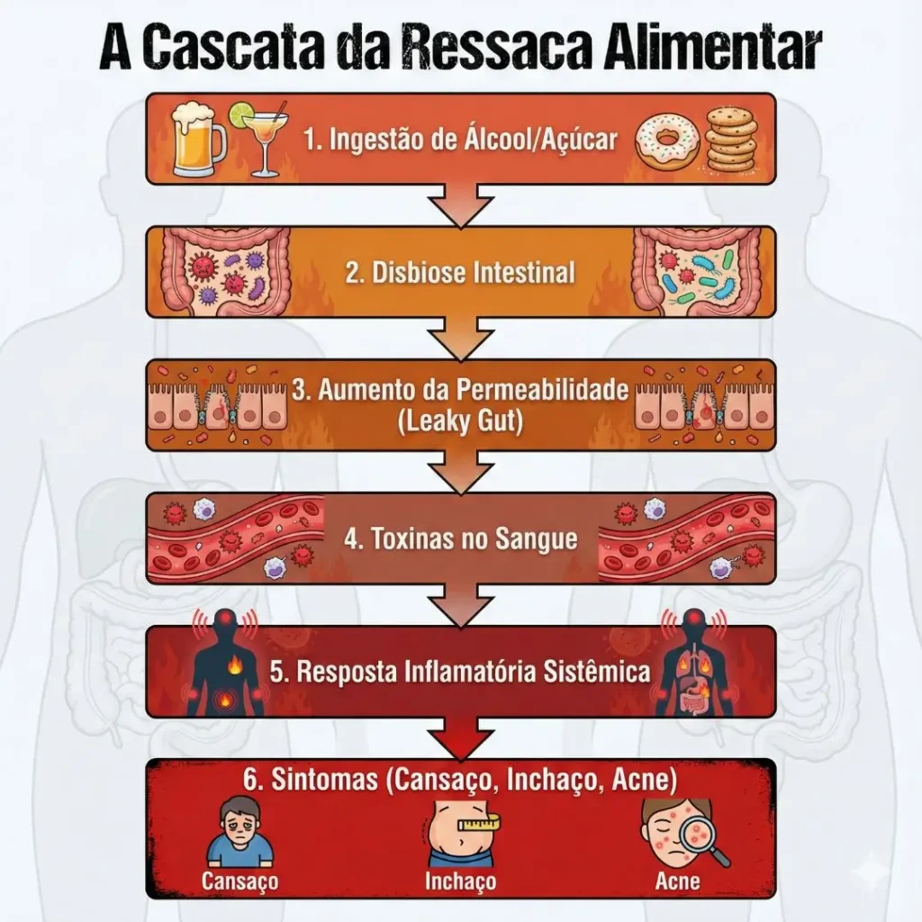 Infográfico explicando o processo fisiológico da inflamação pós-festas de fim de ano