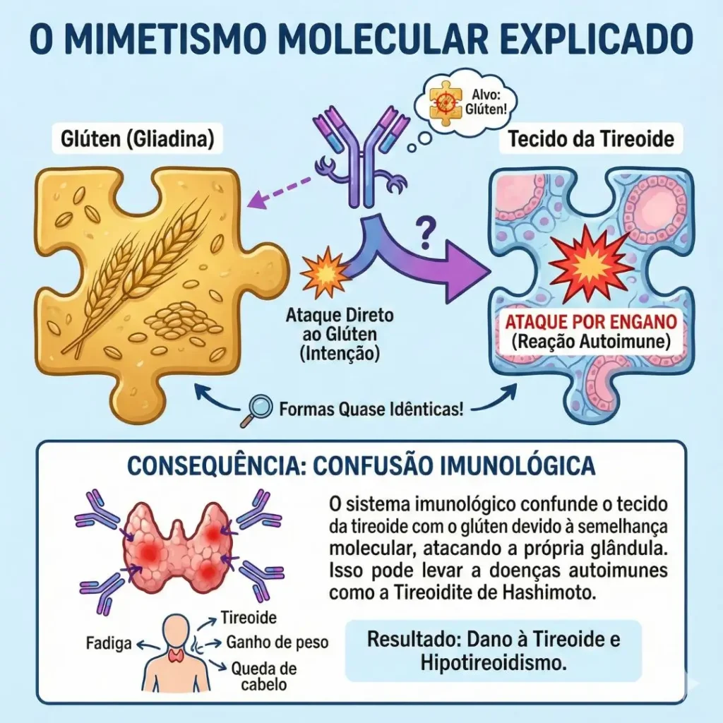 Infográfico mostrando como o glúten inflama a tireoide através do mimetismo molecular