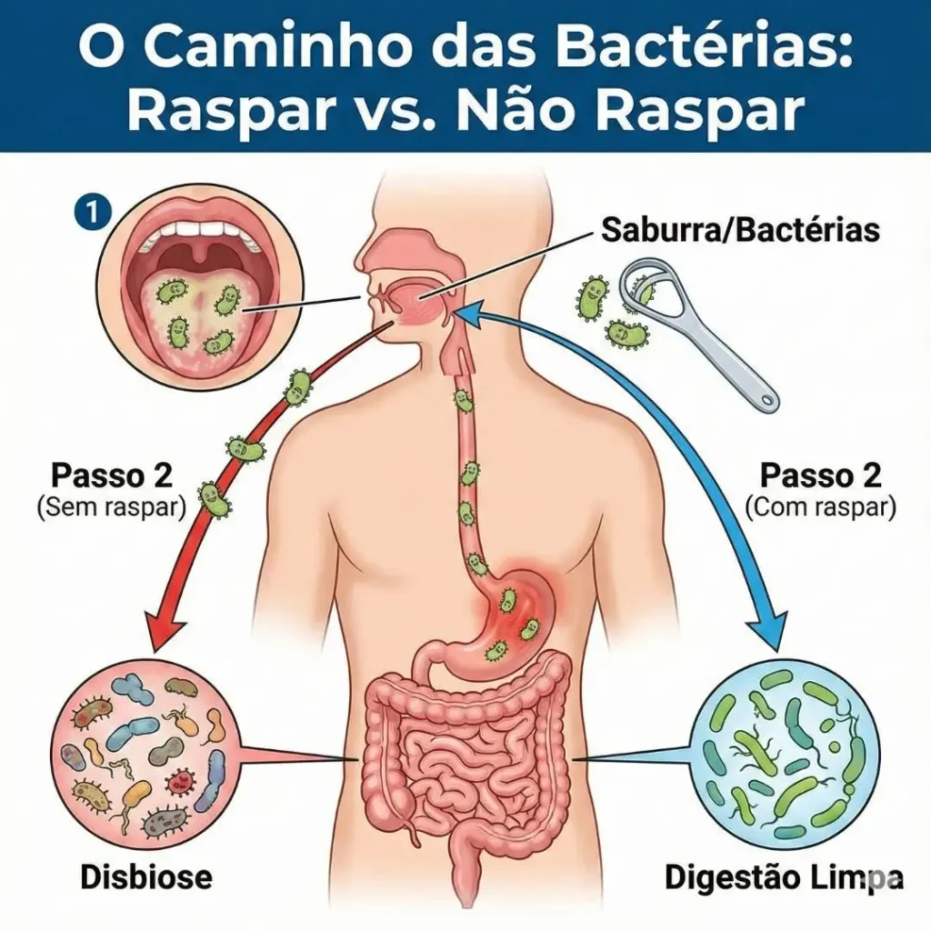 Infográfico mostrando como raspar a língua impede que bactérias ruins desçam para o intestino
