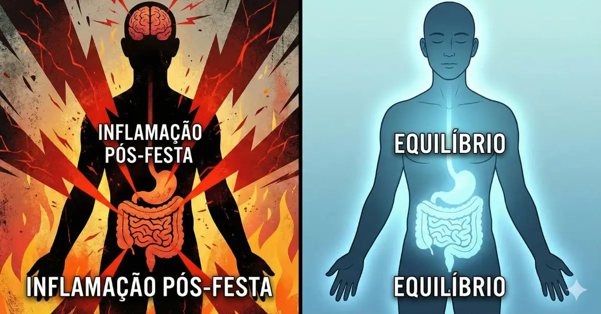 lustração comparativa de como o corpo reage às festas de fim de ano com inflamação versus um corpo equilibrado