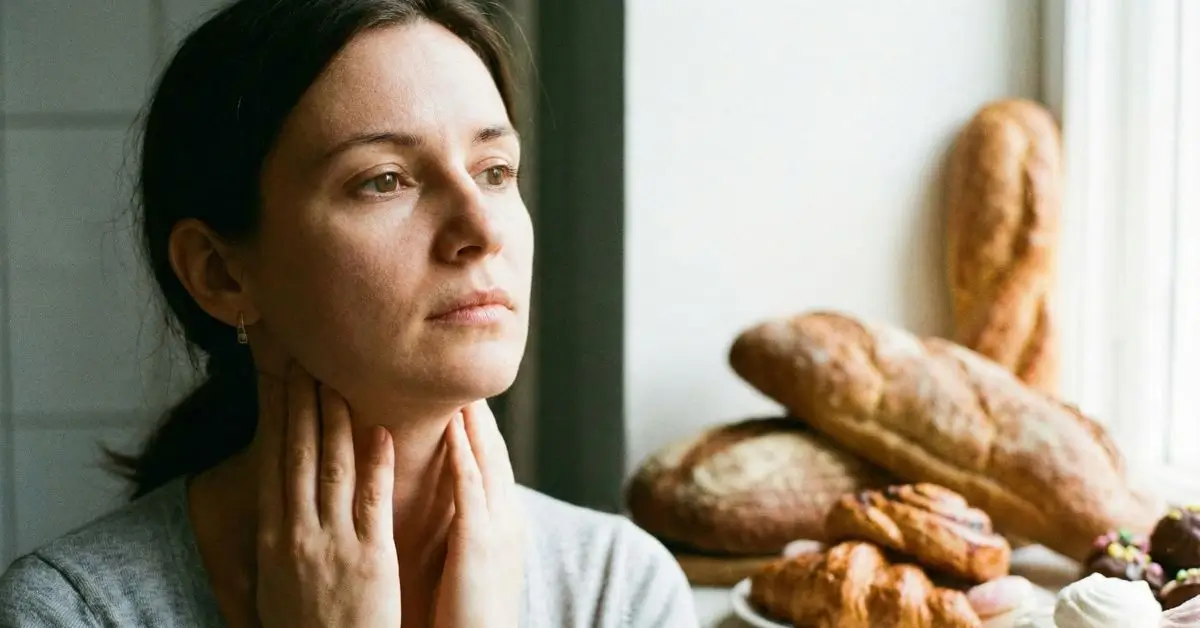 Mulher com desconforto na tireoide pensando sobre quais alimentos inflamam a glândula, como glúten e açúcar