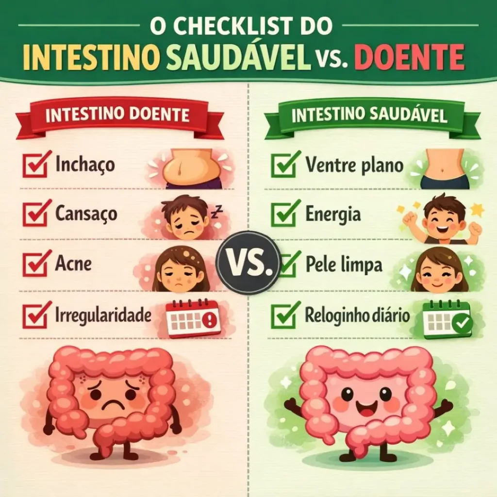 Infográfico comparando sintomas de um intestino saudável versus um intestino inflamado.