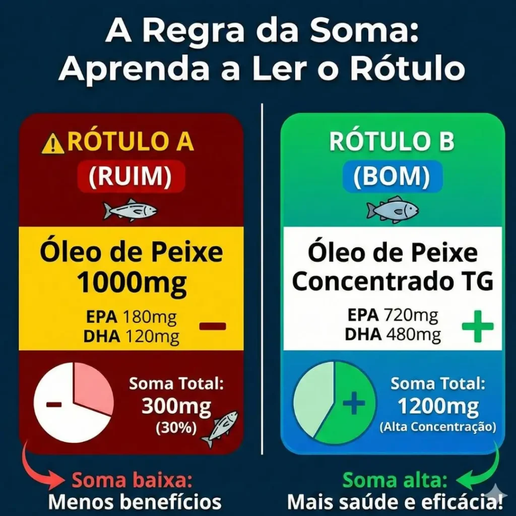 Infográfico ensinando a calcular a concentração de EPA e DHA no rótulo do ômega 3.