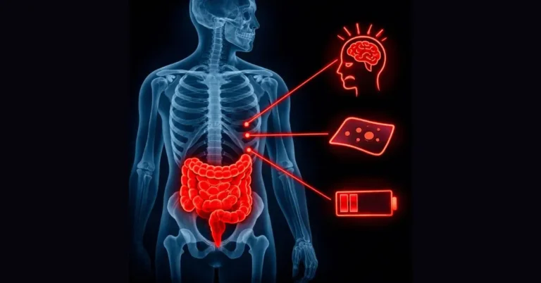 Ilustração mostrando os sintomas que indicam que o intestino não está bem, conectando digestão a problemas de pele e cansaço